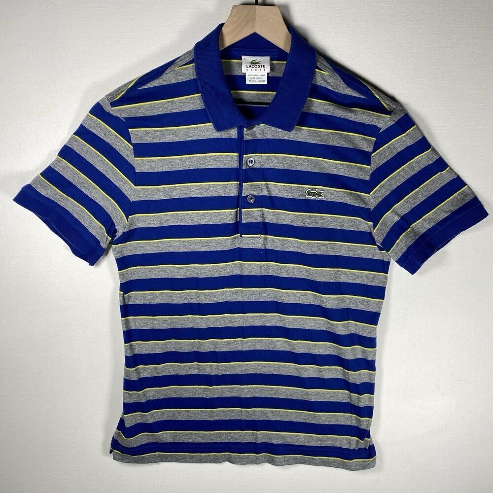 VINTAGE Lacoste Sport Polo Men Size 4 Medium Shirt Grey Blue Striped Classic Fit